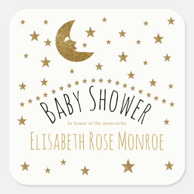 Gold Moon and Stars Baby Dusche Quadratischer Aufkleber (Vorderseite)