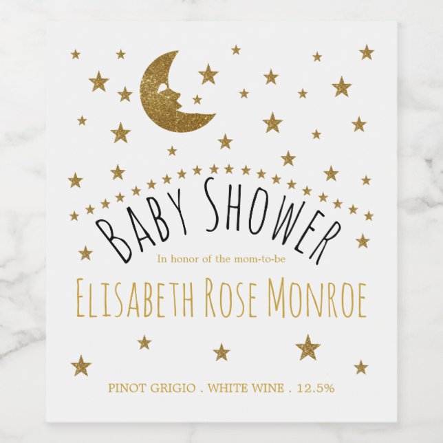 Gold Moon and Stars Baby Dusche Weinetikett (Einzelnes Label)