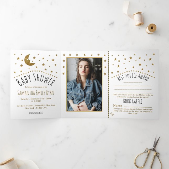 Gold Moon and Stars, Baby Showsuite Dreifach Gefaltete Einladung (Innenseite)
