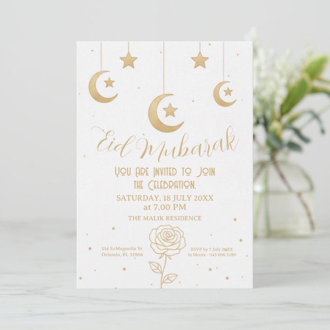 Gold Moon and Stars Eid Mubarak Invitation Einladung (Stehend Vorderseite)