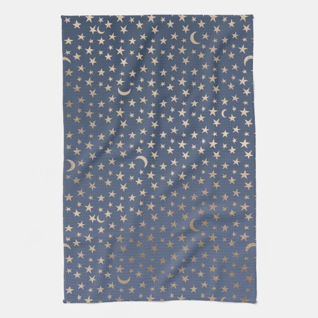 Gold Moon and Stars Night Sky Geschirrtuch (Vertikal)