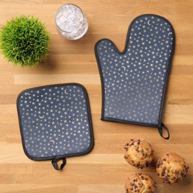 Gold Moon and Stars Night Sky Ofenhandschuh & Topflappen-Set (Oben Unten)