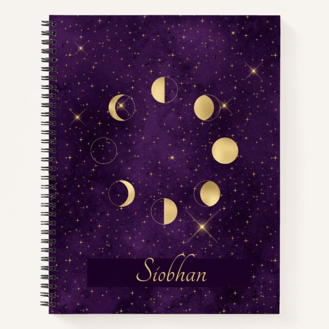 Gold Moon Phases Lila Stars Personalisiert Sketch Notizbuch (Vorderseite)