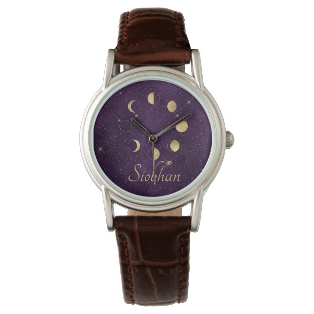 Gold Moon Phasing Lila Stars Personalisiert Armbanduhr (Vorderseite)