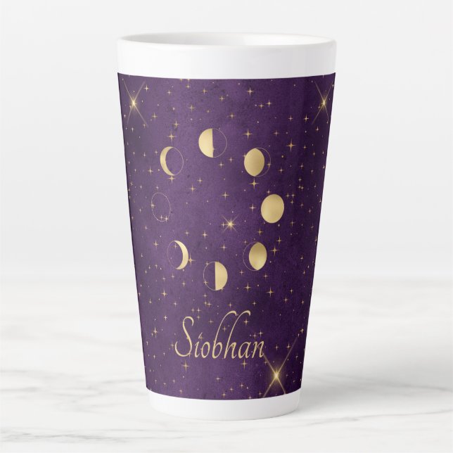 Gold Moon Phasing Lila Stars Personalisiert Milchtasse (Vorderseite)