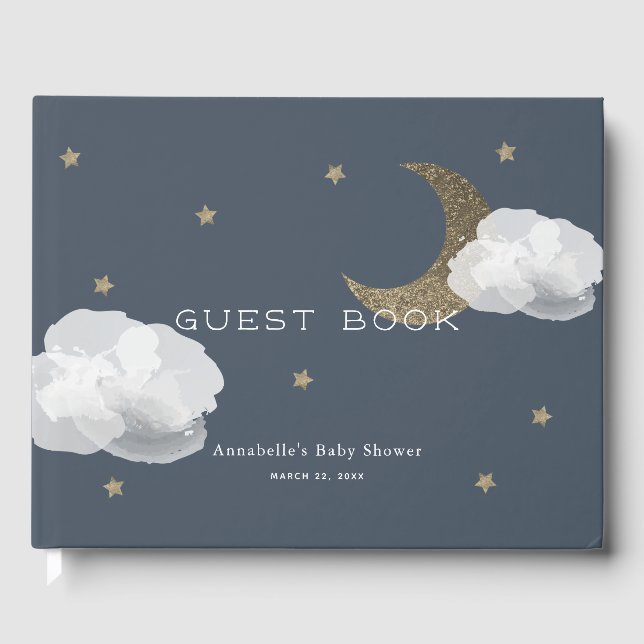 Gold Moon, Stars & Clouds Navy Blue Baby Dusche Gästebuch (Vorderseite)