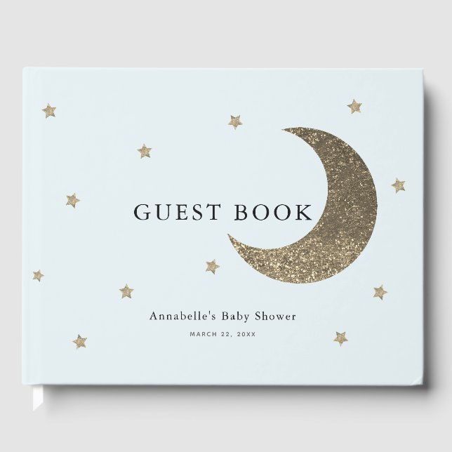 Gold Moon & Stars Light Blue Baby Dusche Gästebuch (Vorderseite)