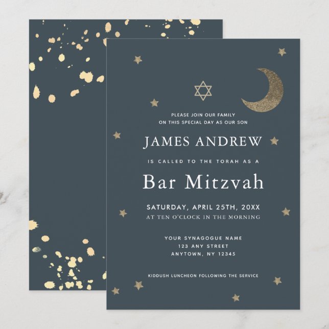 Gold Moon & Stars Navy Blue Bar Mitzvah Einladung (Vorne/Hinten)
