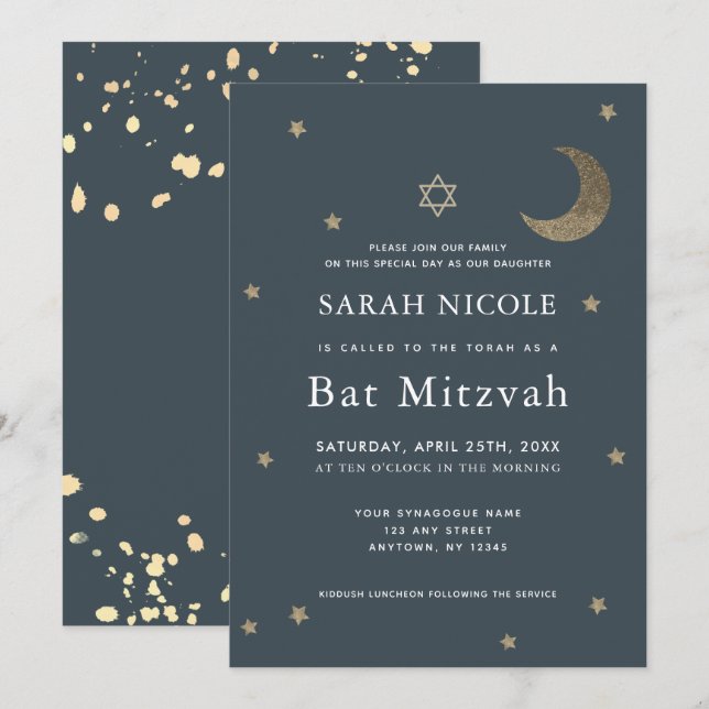 Gold Moon & Stars Navy Blue Bat Mitzvah Einladung (Vorne/Hinten)