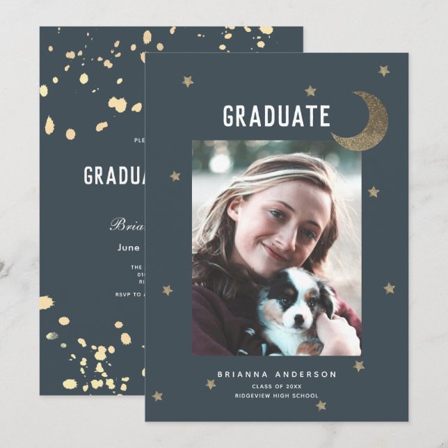 Gold Moon & Stars Navy Blue Graduation Party Einladung (Vorne/Hinten)