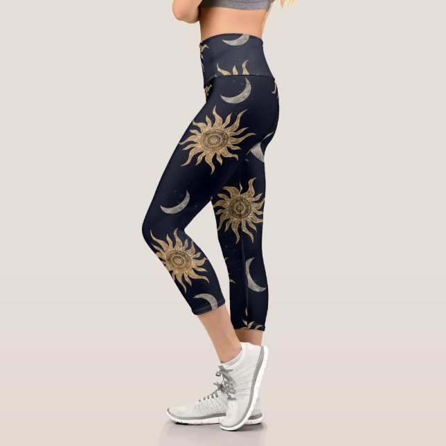 Gold Moon Sun Mandala Blue Night Sky Pattern Capri Leggings (Links)