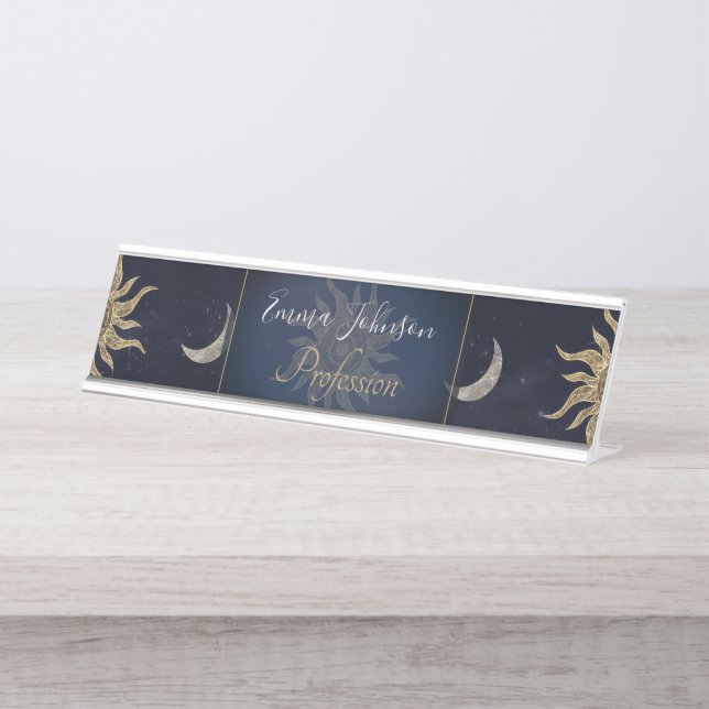 Gold Moon Sun Mandala Blue Night Sky Pattern Schreibtischnamensplakette (Vorderseite )