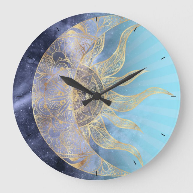 Gold Moon Sun Mandala Celestial Design Große Wanduhr (Vorderseite)