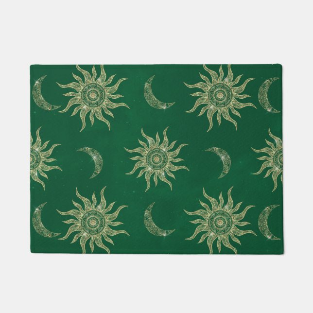 Gold Moon Sun Mandala Green Pattern Fußmatte (Vorderseite)