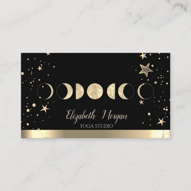 Gold Moons Gold Stars Black Yoga Studio Visitenkarte (Vorderseite)
