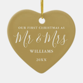 Gold Mr. and Mrs. First Christmas Signature Script Keramik Ornament