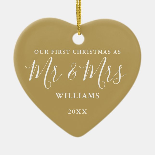 Gold Mr. and Mrs. First Christmas Signature Script Keramik Ornament (Vorne)