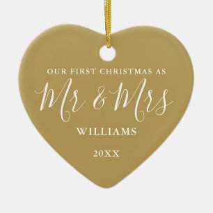 Gold Mr & Mrs Erstes Weihnachten Signatur Schriftz Keramik Ornament