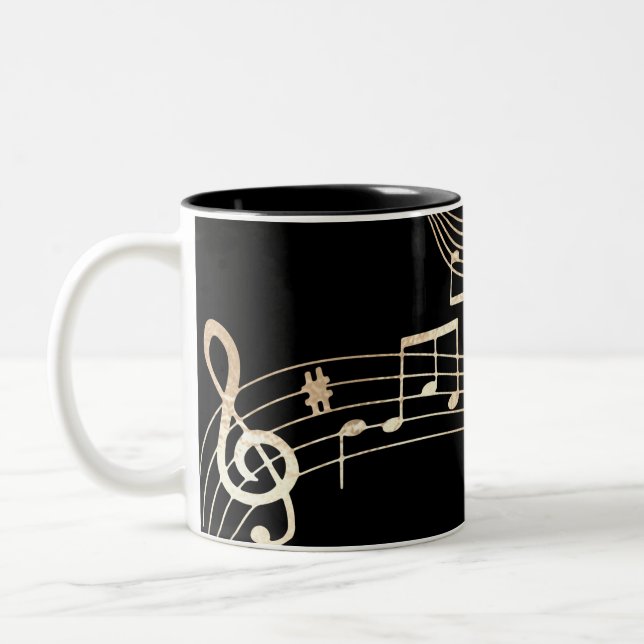 Gold-Musiknoten auf schwarzem Medium Zweifarbige Tasse (Links)