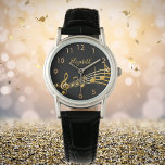 Gold Musiknoten schwarzer Name Armbanduhr<br><div class="desc">Einfach und elegant für Musikliebhaber oder Musiker! Schwarzer Hintergrund mit Imitaten goldenen Musiknoten. Vorlage für Ihren Namen, goldene Buchstaben. Goldene Uhrennummern.</div>