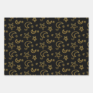 Gold Muster für Monde und Stars Geschenkpapier Set