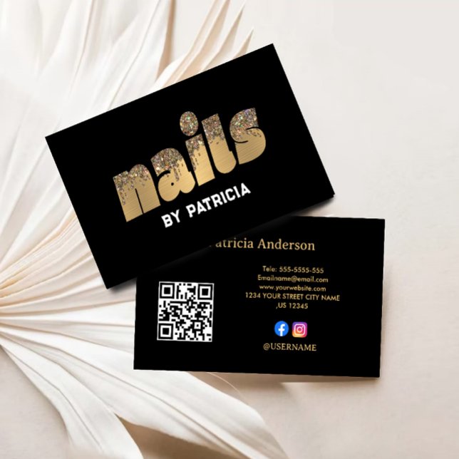 Gold Nails Glitzer Tropfen Typografie Nail Tech Visitenkarte (Gold Nails Glitter Drips Typography Nail Tech Business Card)