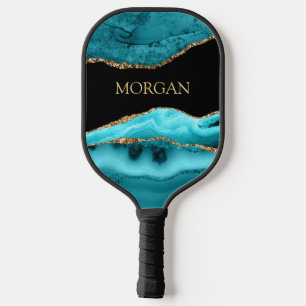 Gold Name, Black, Gold & Teal Agate Pickleball Schläger