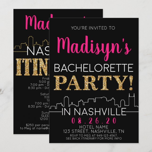 Gold Nashville Junggeselinnen-Abschied Itinerary u Einladung (Vorne/Hinten)
