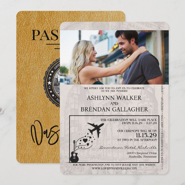 Gold Nashville Passport Hochzeitseinladung Einladung (Vorne/Hinten)