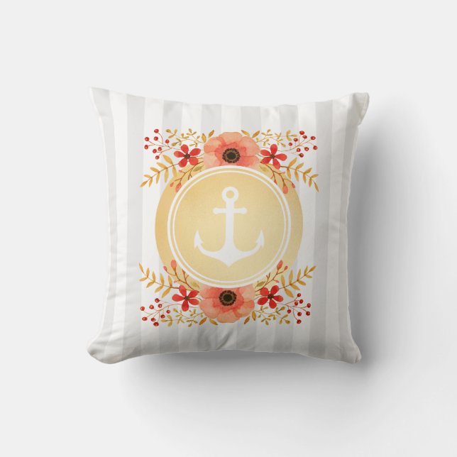 Gold Nautic Anchor Wasserfarbe Floral Strichen Kissen (Vorderseite)