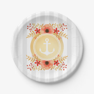 Gold Nautic Anchor Wasserfarbe Floral Strichen Pappteller