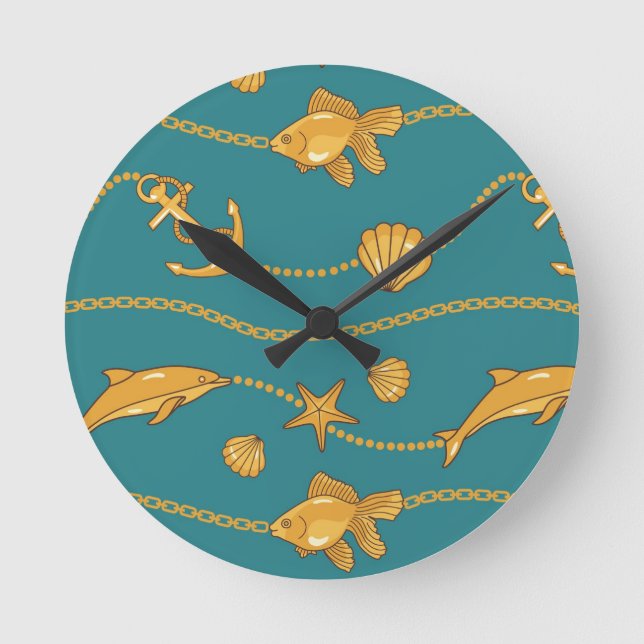 Gold Nautic Pattern Runde Wanduhr (Vorderseite)