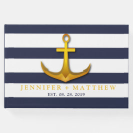 Gold Nautical Anchor Navy Blue & White Wedding Gästebuch