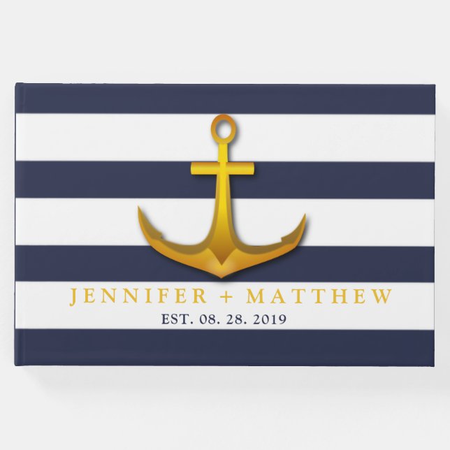 Gold Nautical Anchor Navy Blue & White Wedding Gästebuch (Vorderseite)