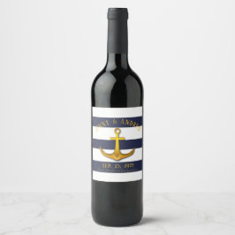 Gold Nautical Anchor Navy Blue & White Wedding Weinetikett