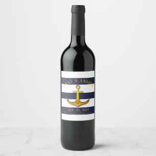 Gold Nautical Anchor Navy Blue & White Wedding Weinetikett