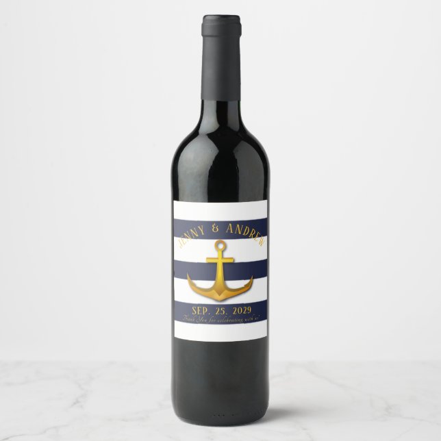 Gold Nautical Anchor Navy Blue & White Wedding Weinetikett (Vorderseite)