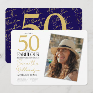 Gold & Navy | 50th Fabulous Photo Birthday Party Einladung