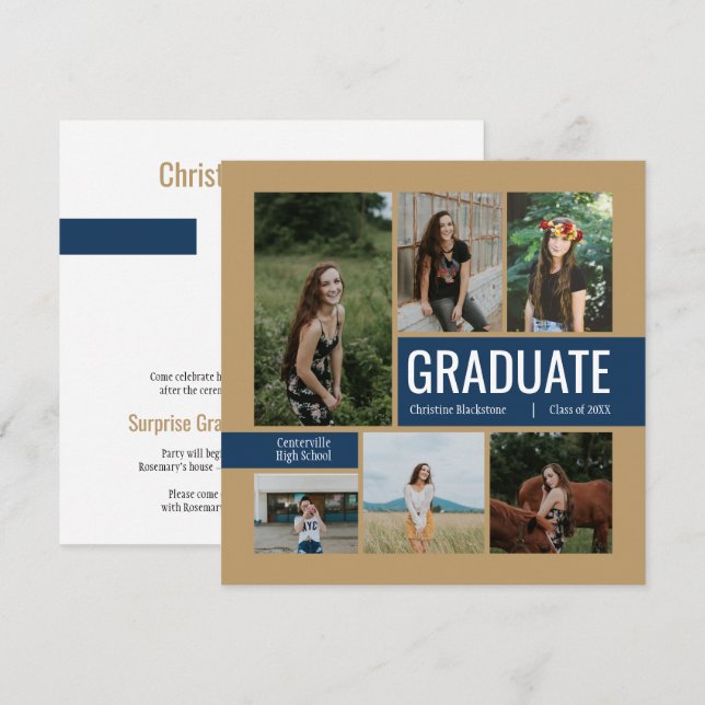 Gold & Navy 6 Foto Abschluss Einladung (Vorne/Hinten)