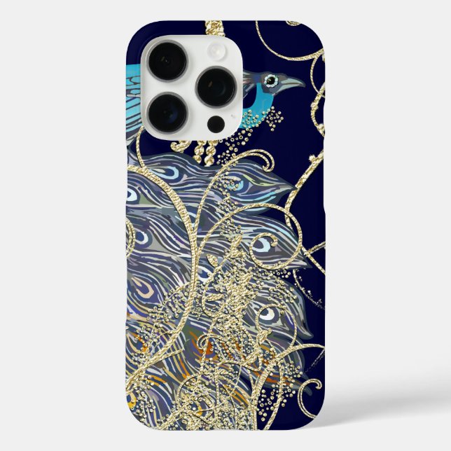 Gold Navy Black Peacock Gold Swirl iPhone 16 Pro Hülle (Rückseite)
