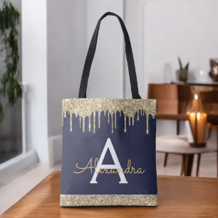 Gold Navy Blau Glitter Spakle Elegantes Monogramm Tasche