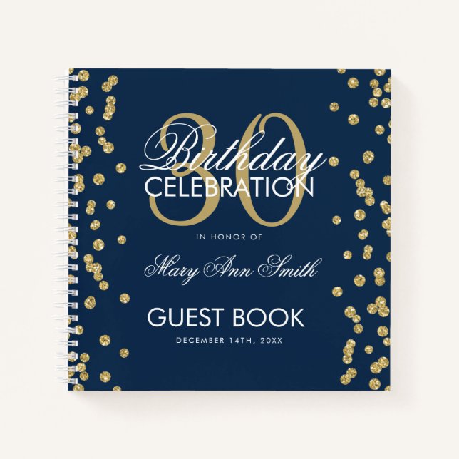 Gold Navy Blue 30. Geburtstag Gästebuch Confetti Notizbuch (Vorderseite)