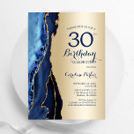 Gold Navy Blue Agate 30. Geburtstag Einladung<br><div class="desc">Marineblau und Goldmedaille gehen 30. Geburtstag Party Einladung. Elegantes modernes Design mit königsblauen Aquarellfarben,  marmorgeode Hintergrund,  Imitate Glitzer Gold und Typografie Drehbuch Schriftart. Die trendige Einladungskarte eignet sich perfekt für eine stilvolle Damenfeier. Gedruckte Zazzle Einladungen oder Sofortdownload digitalen druckbaren Vorlage.</div>