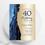 Gold Navy Blue Agate 40. Geburtstag Einladung<br><div class="desc">Marineblau und Goldmedaille gehen 40. Party Einladung. Elegantes modernes Design mit königsblauen Aquarellfarben,  marmorgeode Hintergrund,  Imitate Glitzer Gold und Typografie Drehbuch Schriftart. Die trendige Einladungskarte eignet sich perfekt für eine stilvolle Damenfeier. Gedruckte Zazzle Einladungen oder Sofortdownload digitalen druckbaren Vorlage.</div>