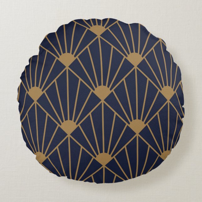 Gold Navy Blue Art Deco Lüfter Muster Rundes Kissen (Vorderseite)