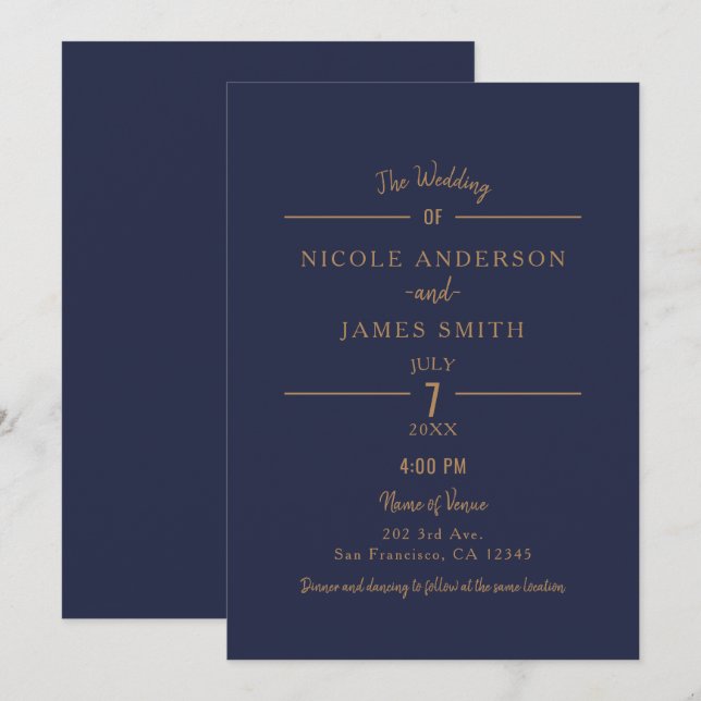 Gold Navy Blue Chic Minimal Clean Classic Hochzeit Einladung (Vorne/Hinten)