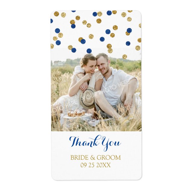 Gold Navy Blue Confetti Foto Wedding Labels (Vorne)