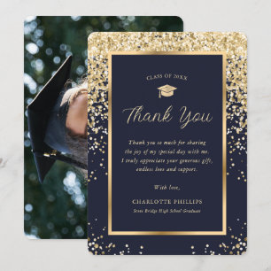 Gold Navy Blue Confetti Grad Cap Foto Abschluss Dankeskarte