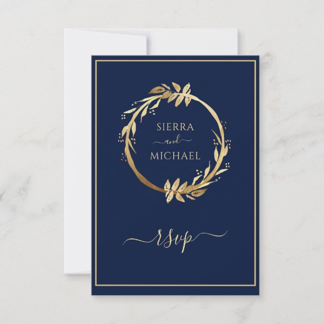 Gold Navy Blue Eucalyptus Foliage Wreath Wedding RSVP Karte (Vorderseite)