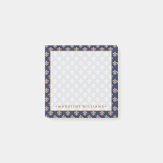 Gold & Navy Blue Fleur-De-Lis Post-it Klebezettel (Vorderseite)